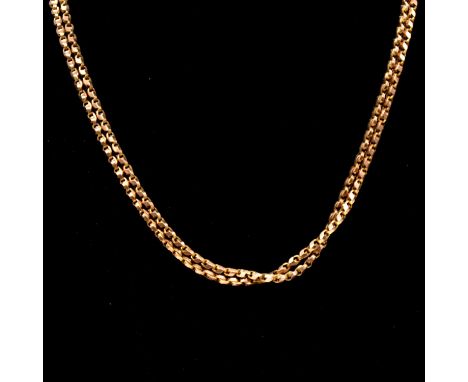 A Victorian yellow metal guard chain, 3.3mm gauge fancy belcher link 150cm long, fitted with a swivel fastener, applied 9c pa