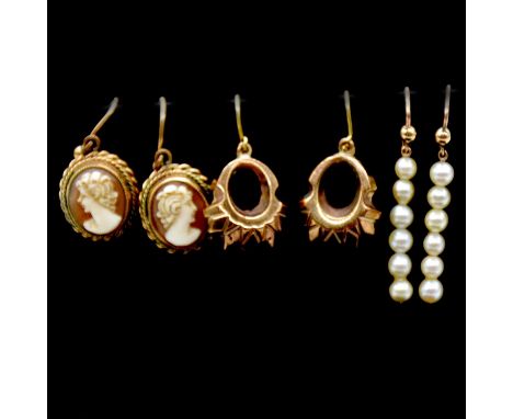 A pair of yellow metal knot earrings, marked 375; a pair of cameo earscrews, marked 9ct; a pair of yellow metal earrings, mar