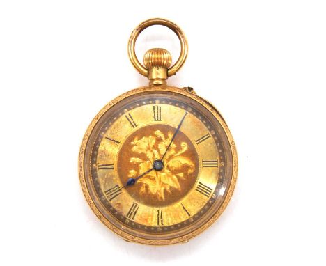 A yellow metal open face pocket watch, the gold-coloured dial with roman numeral chapter ring and engraved floral motif in a 