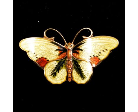 A Norwegian silver-gilt yellow and brown enamel butterfly brooch, 35mm, marked Sterling 925 S Norway. Htoar Prydz - Oslo mark