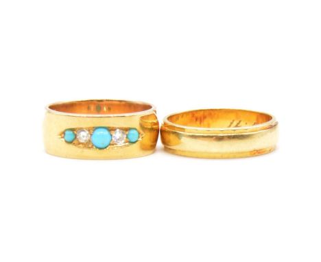 An 18 carat gold wedding ring, 5mm wide with bright cut border, ring size M, London 1971, 4.8g; a turquoise and diamond dress