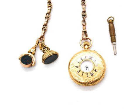 A small yellow metal half hunter pocket watch and Albert watch chain, a yellow metal half hunter pocket watch, the white enam