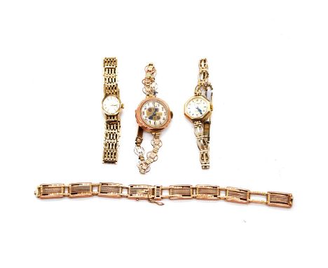Three wristwatches and a watch bracelet, a lady's 9 carat yellow gold bracelet watch, oval baton dial in a 9 carat case with 