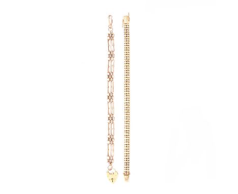 Two yellow gold bracelets, a 9 carat 7mm wide flexible disc and bead bracelet on supporting bar construction to back, box sna
