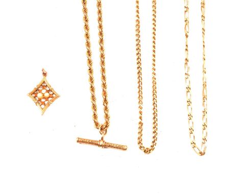Four gold chains and a pendant, a 9 carat yellow gold 3.7mm gauge solid rope link chain 50cm long with a T bar pendant attach