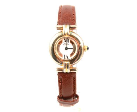 Must de Cartier - a lady's gold-plated wristwatch, 15mm circular white signed dial with roman numeral XII and VI and tricolou