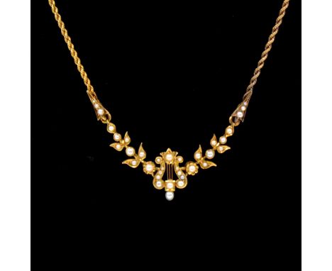 A Victorian pearl and gold necklace, thirty-four small seed pearls set with a lyre motif to centre, 1.6mm gauge yellow metal 