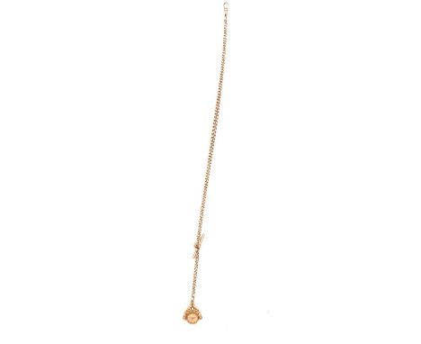 A 9 carat yellow gold single Albert watch chain, solid curb links graduating from 4.6mm to 6.4mm, fitted with a swivel, T bar