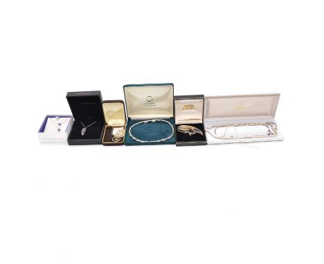 A collection of silver jewellery, a Silver Moon leaf pendant and chain in branded box; Nicole Barr enamel butterfly pendant a