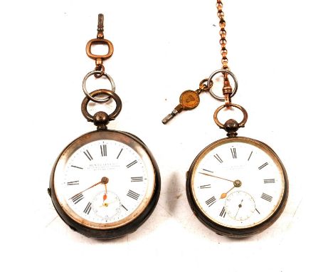 Two silver open face pocket watches and length of chain, a silver open face pocket watch, the white enamel dial with roman nu