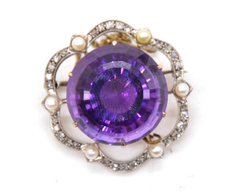 An amethyst, diamond and pearl brooch, the circular step cut faceted amethyst, 22x15.8mm. claw set in a yellow and white meta