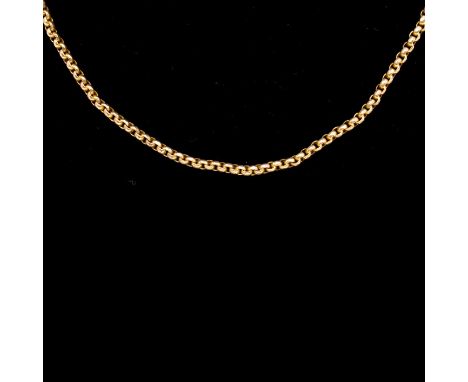 A Victorian yellow metal guard chain, 2.7mm gauge faceted belcher link 160cm long, fitted with a swivel fastener, applied 9c 