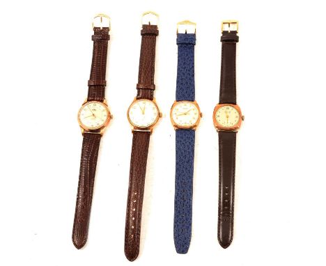 Four gentlemens' 9 carat yellow gold wristwatches, J W Benson - a gentleman's 9 carat yellow gold wristwatch, 25mm circular c