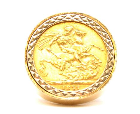 A Gold Full Sovereign Coin ring, Victoria Young Head Full Sovereign 1877, set in a 9 carat yellow gold mount with diamond cut