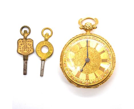 A small 18 carat yellow gold open face pocket watch, the gold-coloured engine turned and scroll design dial with roman numera