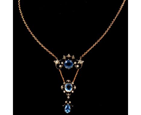 An Edwardian aquamarine and diamond pendant necklace, three aquamarines, and thirty diamond melee, old, old eight cuts and ro