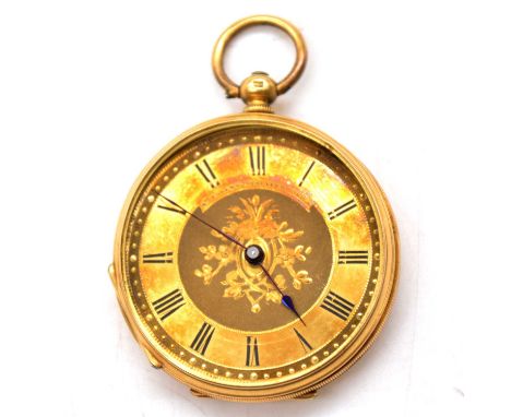 A small yellow metal open face pocket watch, the gold-coloured dial with roman numeral chapter ring and engraved floral motif