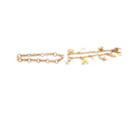 Two gold bracelets, a 9 carat yellow gold 3mm gauge barley link chain with ten charms attached; a 9 carat yellow gold alterna