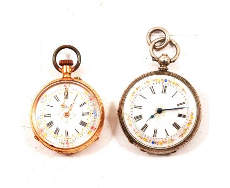 A yellow metal fob watch and a white metal fob watch, a yellow metal fob watch, the white enamel dial with roman numeral chap