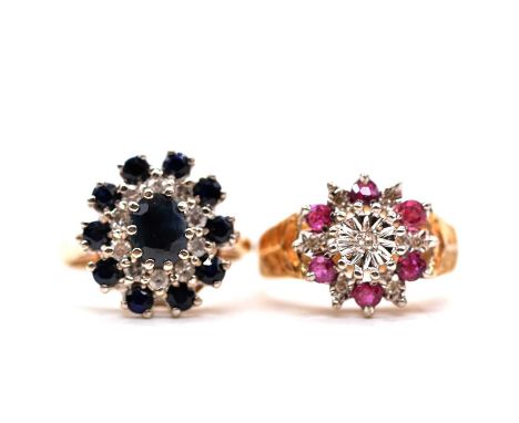 A sapphire and diamond reverse cluster ring and a ruby and diamond reverse cluster ring, a sapphire and diamond reverse clust