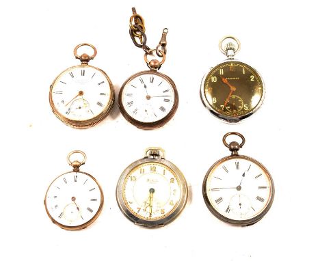 Six white metal open face pocket watches, a Leonidas chrome-plated military issued watch, dark luminous dial with subsidiary 