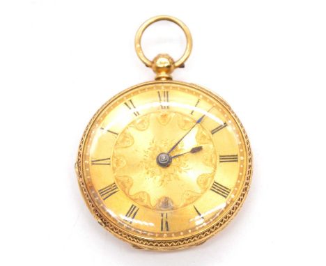 A small 18 carat yellow gold open face pocket watch, the gold-coloured engine turned and engraved dial with roman numeral cha