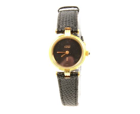 Must de Cartier - a lady's gold-plated wristwatch, 20mm circular black signed dial in a 24mm gold-plated on white metal case,