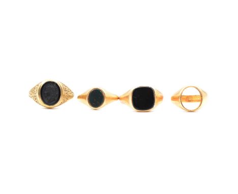 Three 9 carat gold signet rings, black onyx, blood stone and carved warriors head, sizes Q.S and T, gross weight 13g; a 15 ca