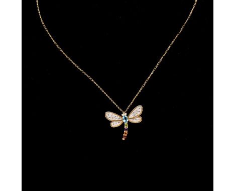 A gemset butterfly pendant and chain, the 20mm yellow and white metal butterfly marked Mexico 14k set with garnet, citrine, a
