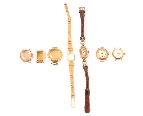 Three vintage ladies' 9 carat gold wristwatches, three 9 carat gold watch cases and a bracelet strap, Summit - a lady's vinta