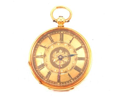 A yellow metal open face fob watch, the gold-coloured dial with roman numeral chapter ring and engraved floral border and cen