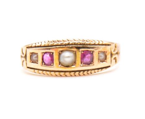 A Victorian ruby and pearl ring, two rubies and three seed pearls individually pip claw and square set in a 15 carat yellow g