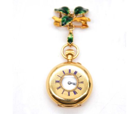 An 18 carat gold half-hunter fob watch and diamond and green enamel brooch, the white enamel dial with roman numeral chapter 