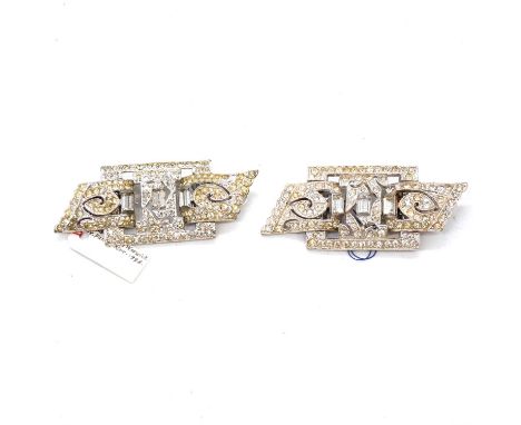 Twenty-five Art Deco and later paste set duette dress clips, various styles and makers, geometric, ribbon and bow designs, si