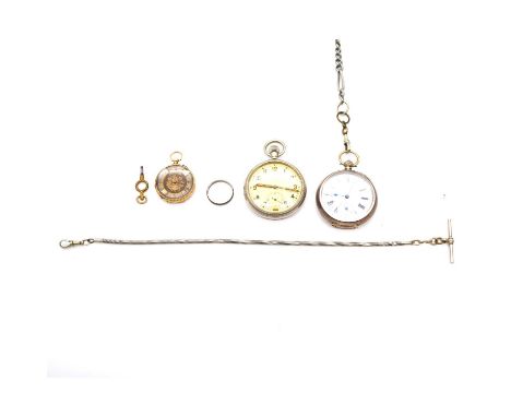 Three pocket watches, two Albert watch chains, and a ring, a John Myers &amp; Co small yellow metal pocket watch, the gold-co