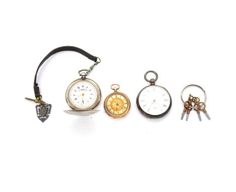 Three pocket watches, yellow and white metal, a yellow metal small open face pocket watch, 32mm gold coloured dial with Roman
