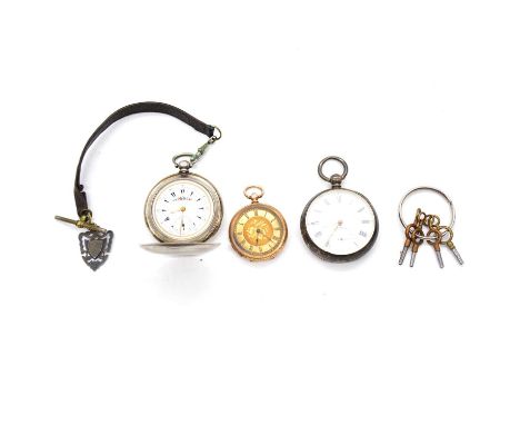 Three pocket watches, yellow and white metal, a yellow metal small open face pocket watch, 32mm gold coloured dial with Roman