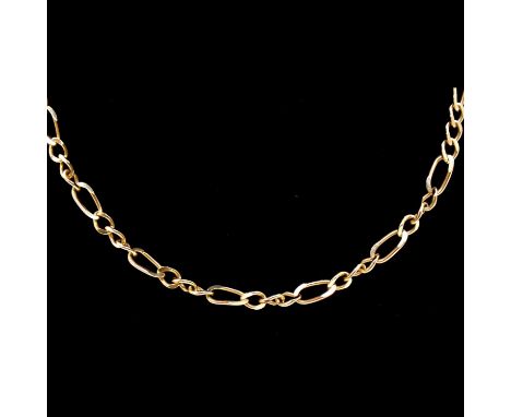 A 9 carat yellow gold chain link necklace, 5.3mm gauge solid fetter and three Figaro link, 75cm long, 26.6g.