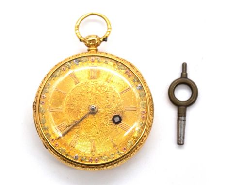 A small 18 carat gold open face pocket watch, the gold-coloured engine turned and engraved dial with roman numeral chapter ri