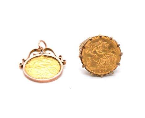 A Gold Half Sovereign Coin ring, Edward VII 1907, in a 9 carat yellow gold mount with pierced scroll shoulders ring size Q; a