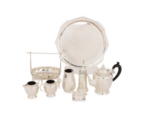 A GROUP OF SILVER PLATED ITEMS
Including a three-piece set with teapot, twin-handled sugar bowl, and milk jug; together with 