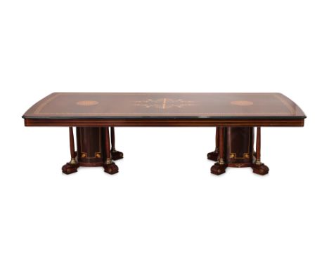 A LARGE ITALIAN MARQUETRY TWIN PEDESTAL DINING TABLE
Davinci Furniture, Mahogany veneer with a rectangular top featuring cent