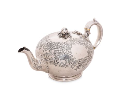 A VICTORIAN SILVER TEAPOT
Edward & John Barnard, London, 1853, squat circular with foliate engraving, a vacant cartouche to e