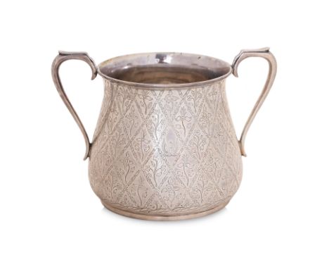 A VICTORIAN SILVER TWIN HANDLED SUGAR BOWL
Martin & Hall, Sheffield, 1864, baluster shaped with allover diaper work engraved 