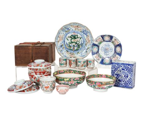 A LARGE GROUP OF ASSORTED JAPANESE PORCELAIN
Comprising of three imari bowls and covers, a set of five small imari tea cups, 