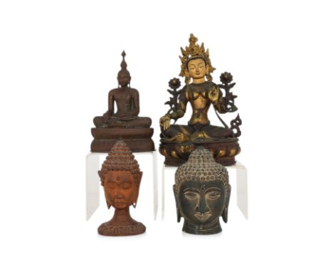 A GROUP OF BUDDHIST FIGURES
Including a bronze Tara, seated with one leg extended, holding Utpala stems, right hand in varada