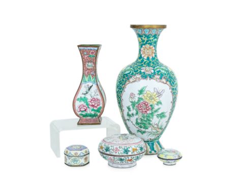 A GROUP OF FIVE CANTON TYPE ENAMELLED WARES
Comprising a baluster vase decorated in two floral panels and scrolling flowers o