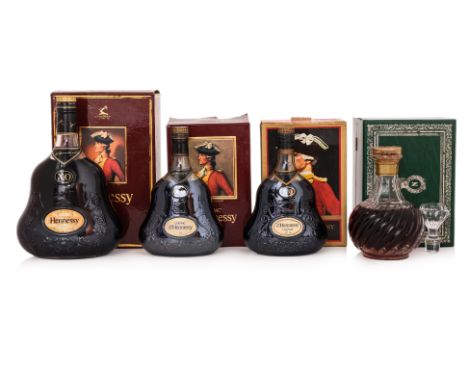 FOUR BOTTLES OF FRENCH COGNAC
Three Hennessy comprising of a 700ml bottle, green glass, no barcode, circa 1970s, another 700m