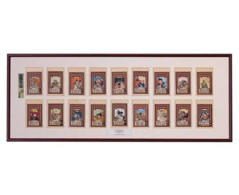 A SET OF 18 KABUKI WOODBLOCK PRINTS
By Konobu, published in Kyoto, circa 1921, framed (no glass)
140 x 54.5cm (framed), 14 x 