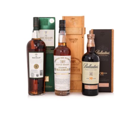 THREE BOTTLES OF SCOTCH WHISKY
Ballantine's Very Rare aged 30 years, 700ml, with wooden box and exterior box, Macallan Select